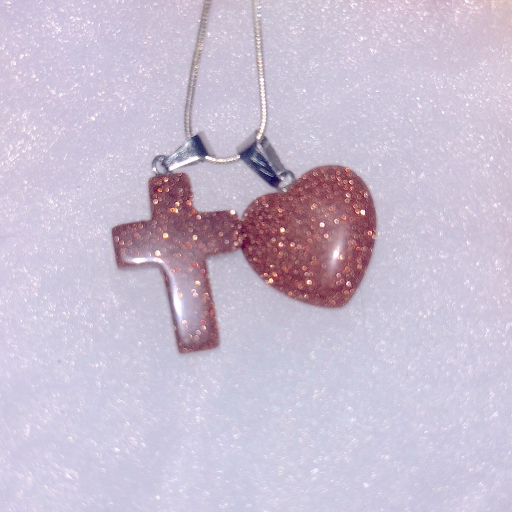 Boho hippie Goldstone Cross and Goldstone Heart Silver 16” Neckla…